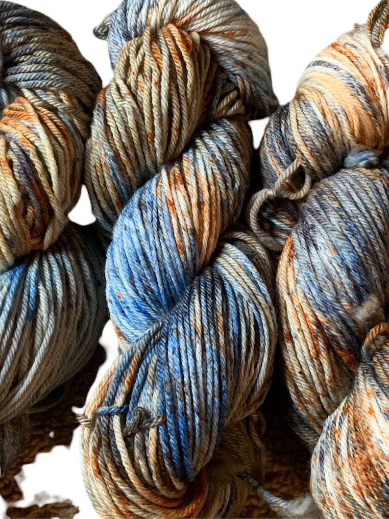 hand dyed yarn blue,orange,silver yarn worsted weight yarn Sandy beaches speckled yarn knitting crochet