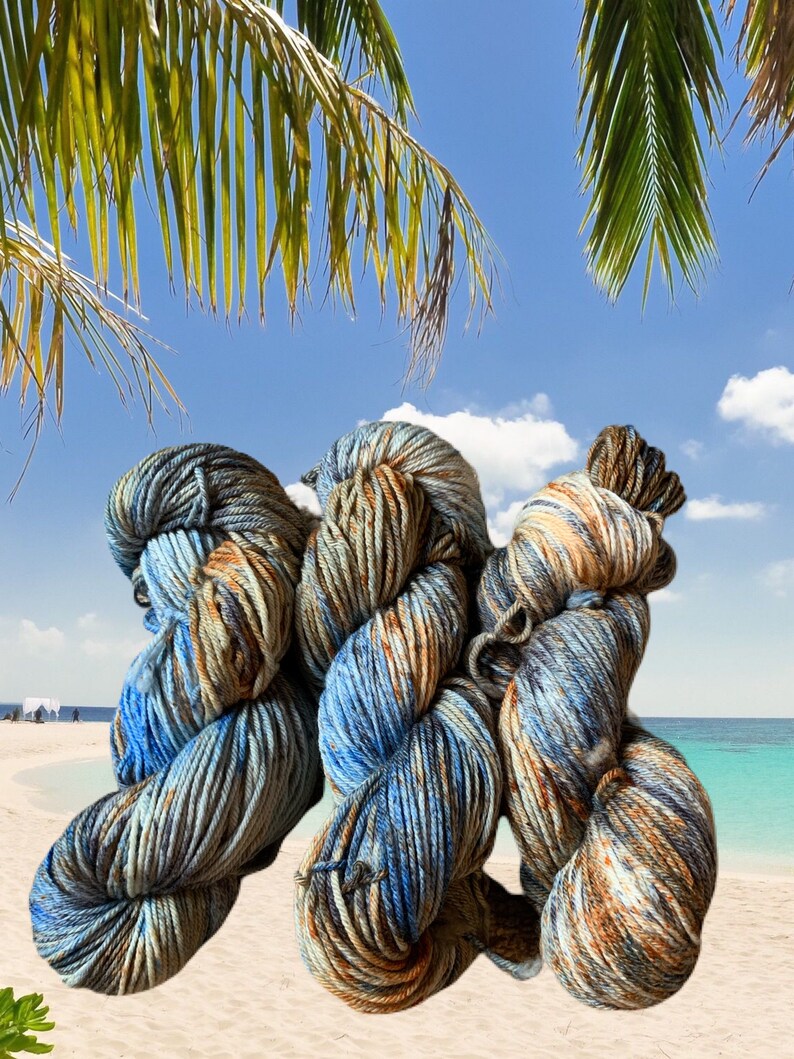 hand dyed yarn blue,orange,silver yarn worsted weight yarn Sandy beaches speckled yarn knitting crochet