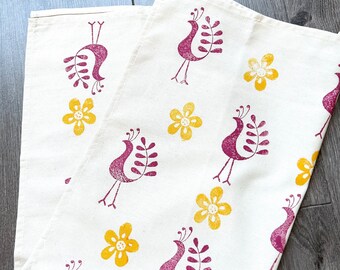 Strofinaccio in cotone biologico con stampa a mano di fiori vintage e uccellino funky
