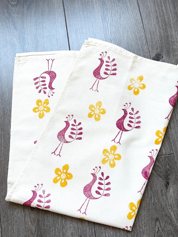 Funky Bird Vintage Flower Hand Printed Design Organic Cotton Tea Towel