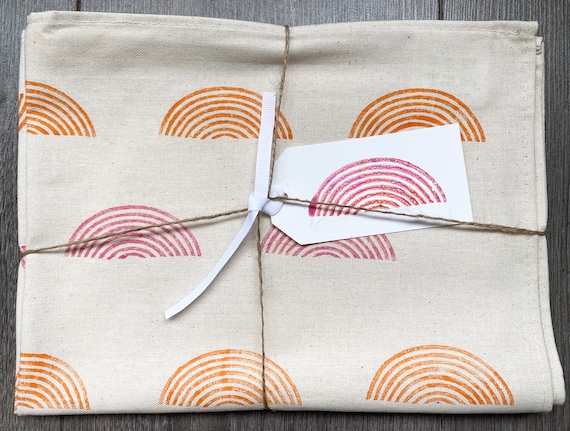 Rainbow Hand Printed Organic Cotton Tea Towel: Retro Kitchen Linen