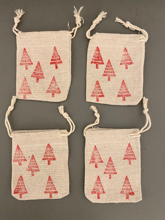 Hand Printed Christmas Tree Favor Bags, Cotton Canvas (Pack of 4)