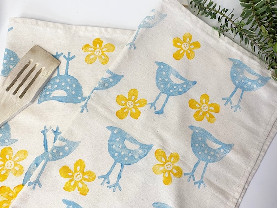 Hand Printed Birds and Daisies Organic Cotton Tea Towel