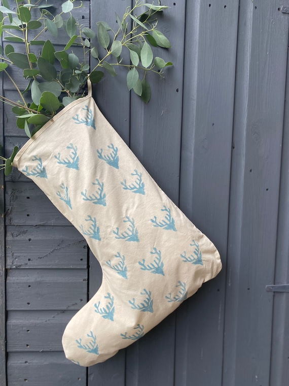 Block Printed Stag Christmas Stocking, Natural Cotton