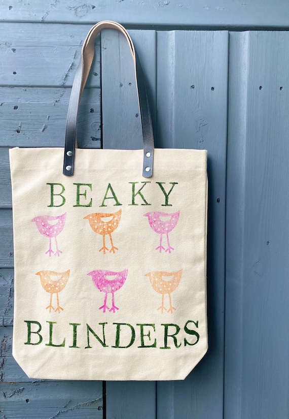 Beaky Blinders Tote Bag: Handprinted Bird Design, Leather Handles
