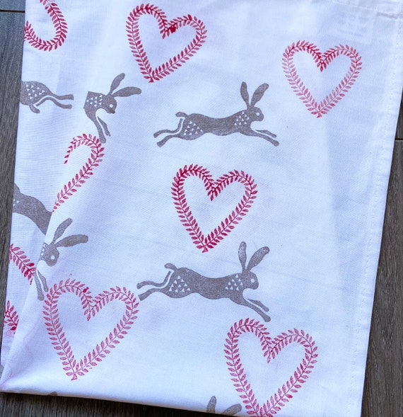 Handprinted Leaping Hare Cotton Tea Towel: Country Kitchen Linens