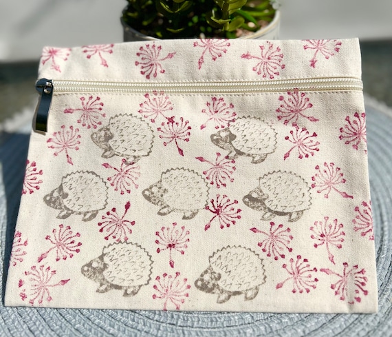 Hedgehog Block Printed Cotton Canvas Pouch: Zip Up Accessory Bag