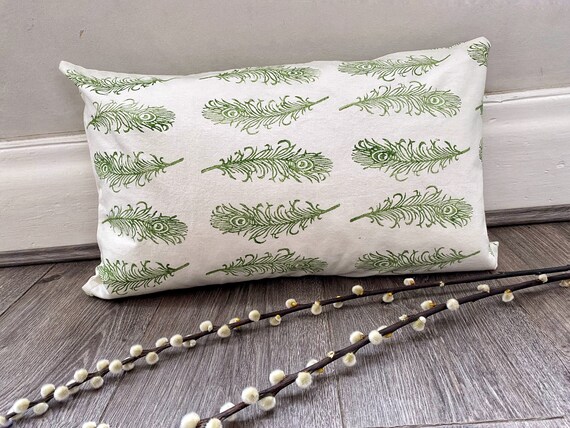 Hand Block Printed Peacock Feather Bolster Cushion - Emerald Green