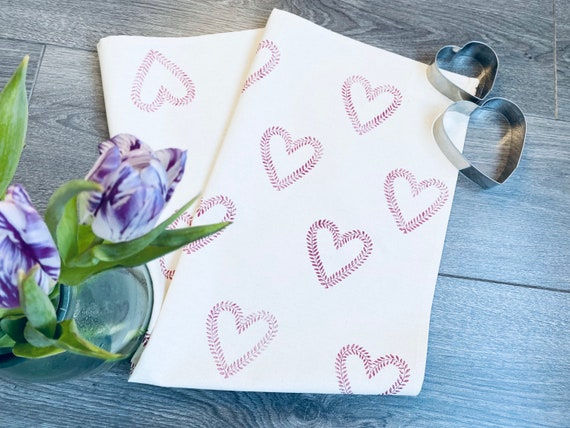 Hand Printed Organic Cotton Tea Towel: Vintage Vine Heart Design