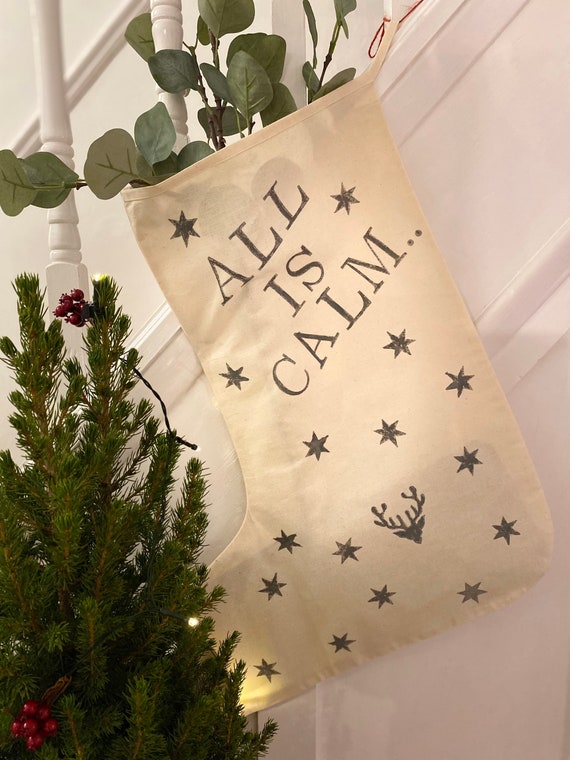 Hand Printed Christmas Stocking, Slate Grey Star and Stag Design