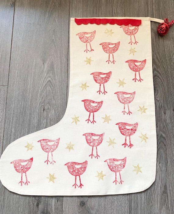 Block Printed Christmas Stocking: Natural Cotton Winter Bird Design