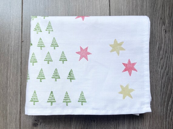 Hand Printed Christmas Tree Tea Towel: Nordic Starry Nights Organic Cotton
