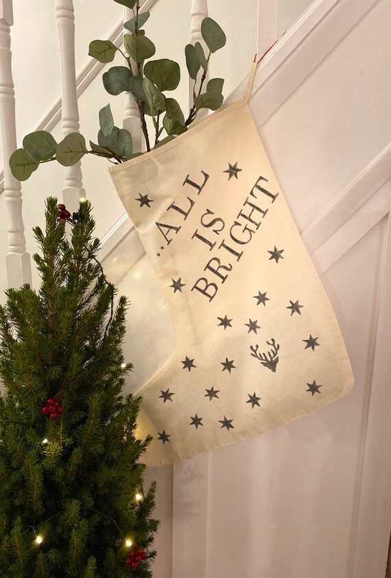 Block Printed Christmas Stocking: Slate Grey Star and Stag Design