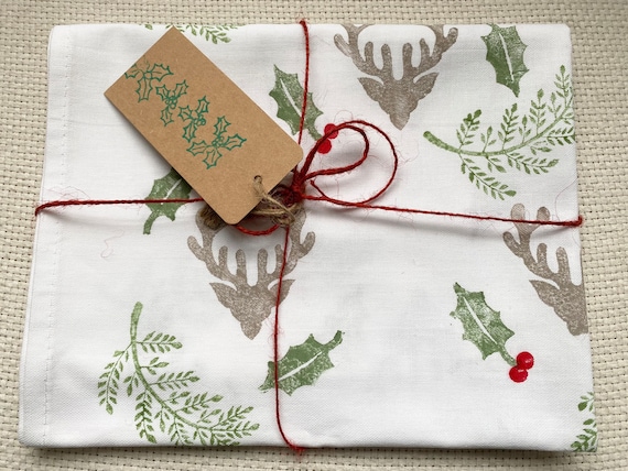 Christmas Stag and Holly Block Printed Cotton Tea Towel, Housewarming Gift