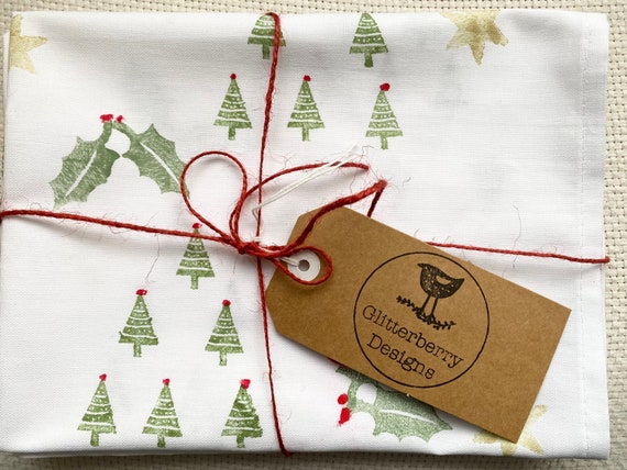 Christmas Tree Tea Towel, Holly Leaf Block Print, Handmade Cotton