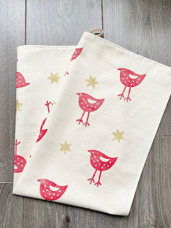 Hand Printed Organic Cotton Tea Towel: Winter Birds and Stars
