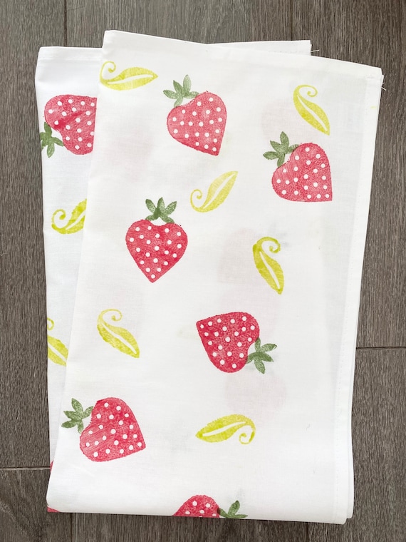 Handprinted Strawberry Tea Towel: Red & Green Kitchen Linen