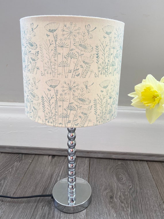 Handprinted Floral Lampshade – Duck Egg Blue Meadow Scene, Cottage Decor
