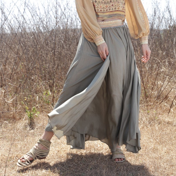 OLEANDER SKIRT - SAGE - Luxury silk maxi skirt, Boho chic dipped hemline skirt, Elegant habutai silk skirt, The White Raven