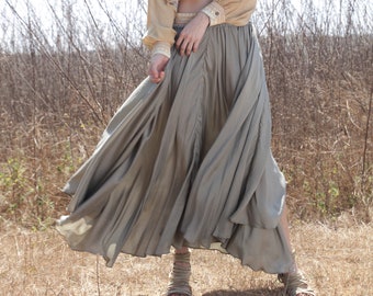 OLEANDER SKIRT- Azul, Elegant full silk skirt, Boho chic goddess maxi skirt, Sage silk luxury daywear, White Raven