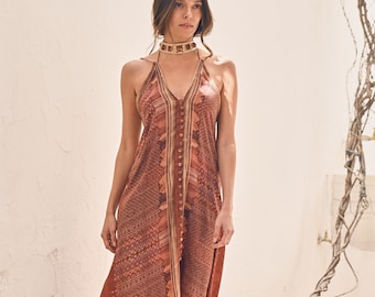 ASHA DRESS - Rust ⋄Red backless silk maxi dress⋄Boho drop back summer dress⋄Cocktail dress⋄ Elegant spaghetti strap chic dress ⋄White Raven