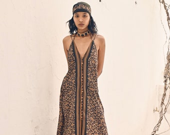ASHA DRESS - Datura ⋄Leopard print backless silk maxi dress⋄ Boho drop back summer dress⋄ Cocktail dress⋄ Elegant spaghetti strap chic dress