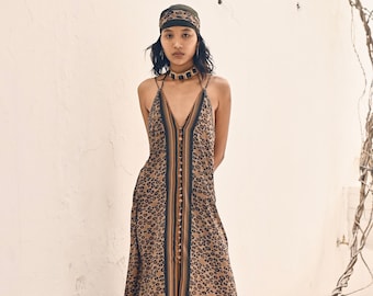 ASHA DRESS - Datura ⋄Leopard print backless silk maxi dress⋄ Boho drop back summer dress⋄ Cocktail dress⋄ Elegant spaghetti strap chic dress