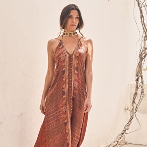 ASHA DRESS - Rust ⋄Red backless silk maxi dress⋄Boho drop back summer dress⋄Cocktail dress⋄ Elegant spaghetti strap chic dress ⋄White Raven