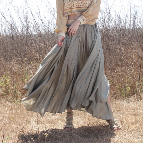 OLEANDER SKIRT- Azul, Elegant full silk skirt, Boho chic goddess maxi skirt, Sage silk luxury daywear, White Raven