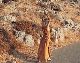AURA WRAP - Saffron⋄ Boho Chic Layering Cape⋄ Hand loomed Raw Silk Grecian Dress⋄ Luxury Travel Lounge Wear⋄ Mustard Goddess Wrap Dress⋄