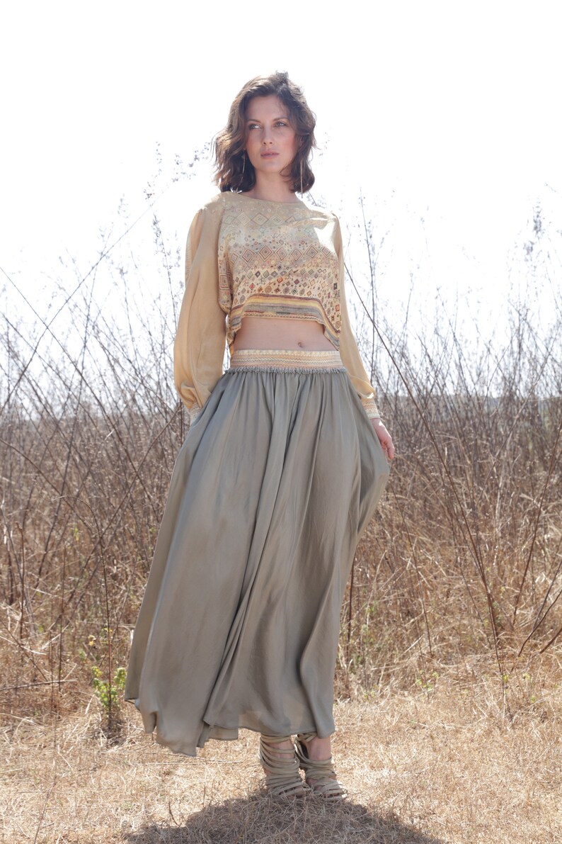 OLEANDER SKIRT Azul, Elegant full silk skirt, Boho chic goddess maxi skirt, Sage silk luxury daywear, White Raven image 3