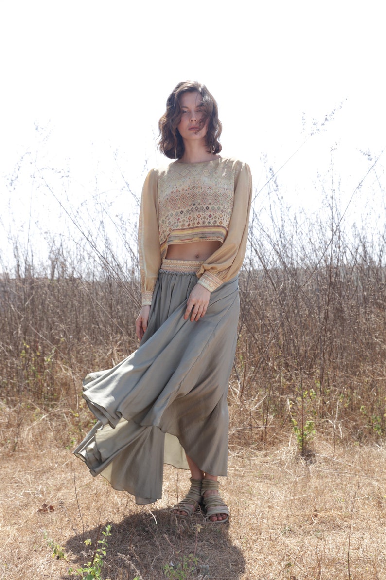 OLEANDER SKIRT Azul, Elegant full silk skirt, Boho chic goddess maxi skirt, Sage silk luxury daywear, White Raven image 5