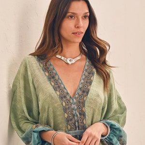 ATHENA DRESS - Azure ⋄ Romantic boho chic maxi dress ⋄ V-neck long sleeved bohemian dress ⋄ Luxury silk Dress ⋄ White Raven