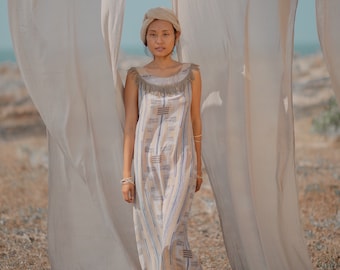 LEAH DRESS⋄Amber⋄Blue silk maxi dress⋄Boho chic silk shift dress⋄Women’s luxury resort wear⋄Slow fashion⋄Elegant daywear ⋄ White Raven