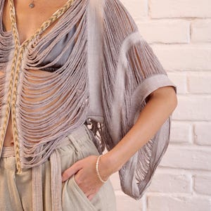 OUD TOP • MIST • Raw silk open weave summer top • Hand beaded details • Boho chic top