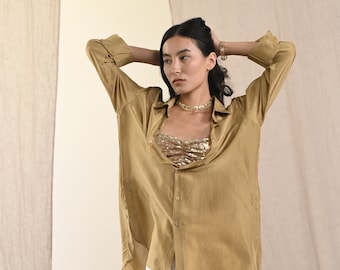 HABUTAI BLOUSE - Dark Gold, Silk Blouse, Elegant Button Up Blouse, Women's Luxury Long Sleeved Shirt, Wardrobe Basics , White Raven