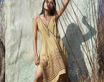 THEA DRESS - Zuri, Luxurious gold silk dress, Boho chic midi dress, Mustard wrap dress , Summer dress , Cocktail dress, Elegant daywear,