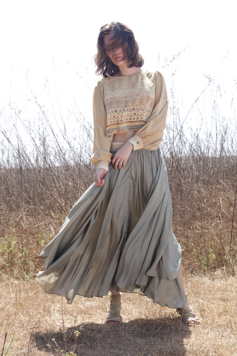 OLEANDER SKIRT Azul, Elegant full silk skirt, Boho chic goddess maxi skirt, Sage silk luxury daywear, White Raven image 1