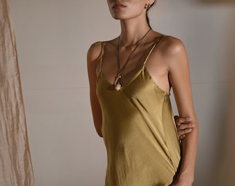 ROSE SLIP DRESS - Dark Gold - Long slip Dress ⋄ Robe boheme chic - Silk - Bridesmaid robe - Boho evening dress -Camisole dress - White raven