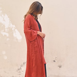 HEWA KIMONO - Burgundy⋄ Hand Loomed Fashion Kimono⋄ Cherry  Red Duster⋄ Raw Silk Garnet Long Jacket⋄ Luxury Casual Loungewear Robe ⋄