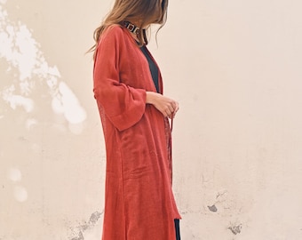 HEWA KIMONO - Burgundy⋄ Hand Loomed Fashion Kimono⋄ Cherry  Red Duster⋄ Raw Silk Garnet Long Jacket⋄ Luxury Casual Loungewear Robe ⋄