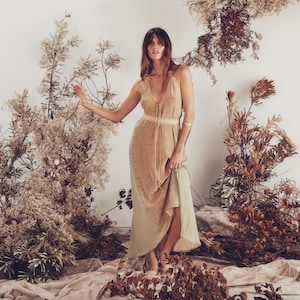 ASHA DRESS⋄Surrender⋄Dusty Green Backless silk maxi dress⋄Boho drop back halter dress⋄Cocktail dress⋄ Elegant chic dress ⋄White Raven