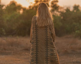 COCOON JACKET - Almond Berber ⋄ Raw silk duster⋄Robe chic⋄ Block print long jacket⋄ Women casual oversized kimono jacket ⋄ Unisex