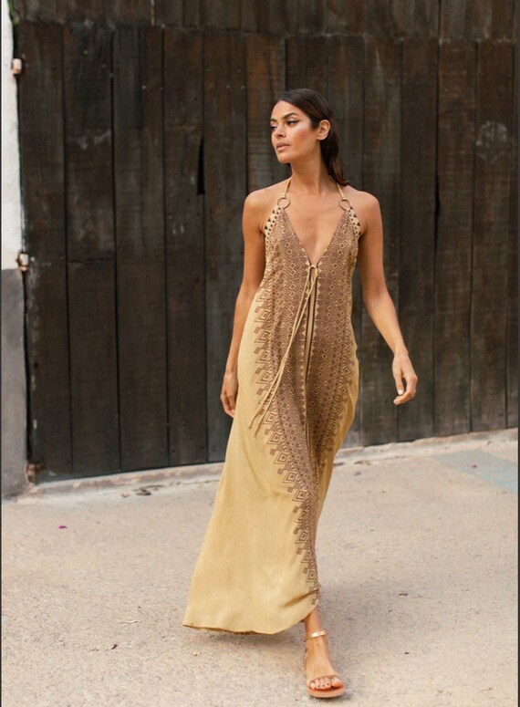 Asha DRESS-Zuri⋄Mustard Silk Summer Halter Dress⋄Bohemian V-Neck Backless Sundress⋄Maxi Dress Open Back⋄Luxury Gold Outfit⋄ ⋄White Raven
