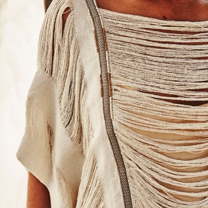 WAVE TOP⋄Ivory⋄Boho silk top⋄White Raw silk top⋄Ivory crop top⋄Beaded top⋄Sustainable clothing⋄Tribal top loose fit⋄Beadwork⋄Bikini cover up