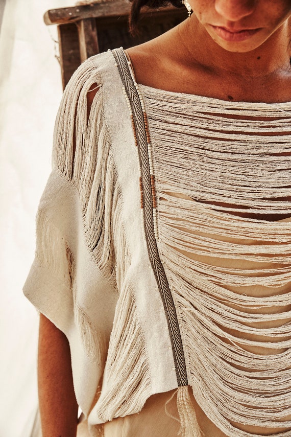WAVE TOP⋄Ivory⋄Boho silk top⋄White Raw silk top⋄Ivory crop top⋄Beaded top⋄Sustainable clothing⋄Tribal top loose fit⋄Beadwork⋄Bikini cover up