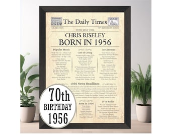 70th Birthday Gift - What Happened in 1956 Print Man Woman - Personalised Newspaper Gift Ideas Mum Dad Nan Grandad