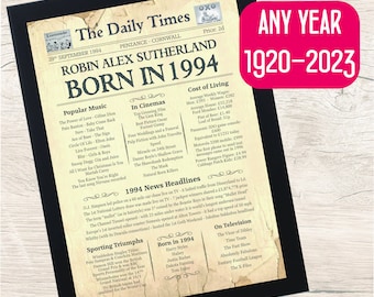 Day You Were Born - Newspaper Print A4 - Framed or Unframed  - Special Birthday Gift  for 21st, 30th, 40th, 50th, 60th, 70th, 80th, 90th
