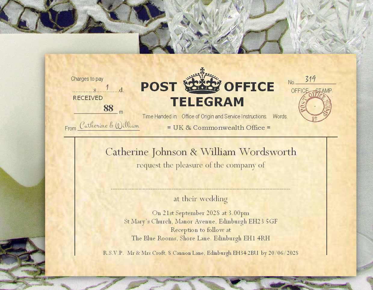 Telegram Printed with your wedding details - Free UK Shipping - 20x20"  Wedding Invites - Vintage Telegram Wedding Invitations - P