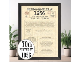 70th Birthday Gift - A4 Print Featuring the Events that Shaped 1956 - Personalised Day You Were Born Telegram Print - Framed or Unframed